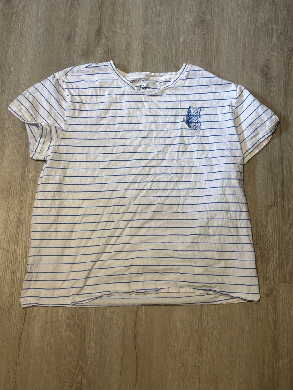 Elle White Tee with Blue Stripes and Blue Butterfly Patch